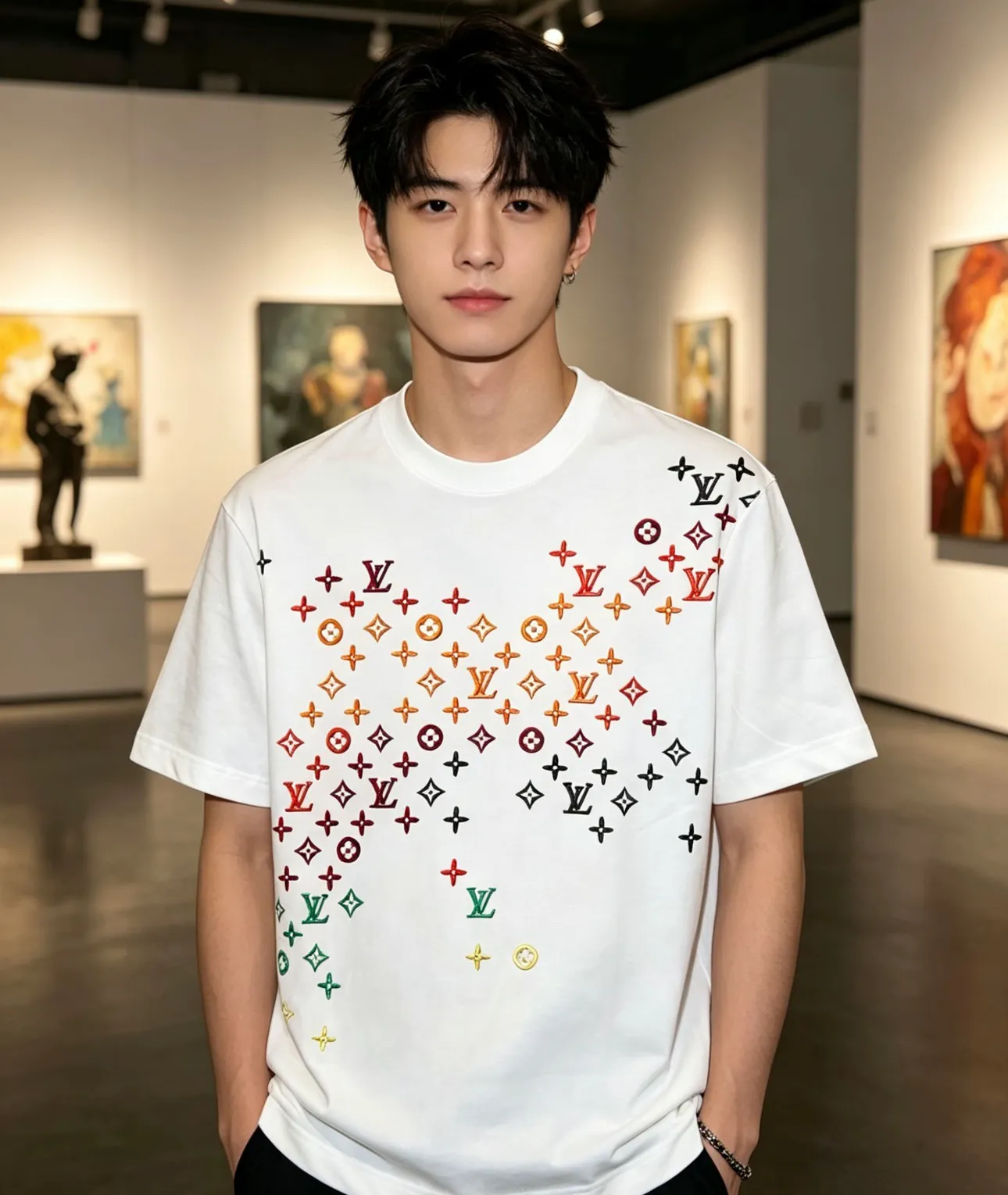Louis Vuitton/Louis Vuitton full-width three-flower printed embroidered short sleeves